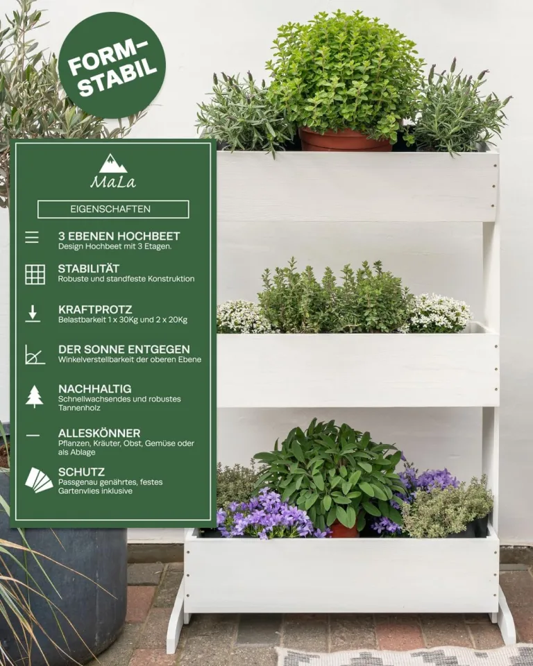 MaLa Hochbeet Balkon Weiß 3 Etagen Blumenkasten Gemüsebeet Kräuterbeet inkl. Gartenvlies schmales Vertikales Beet für Balkon Garten Terrasse Indoor aus Holz | Neigbare Funktion trifft Design – Bild 3