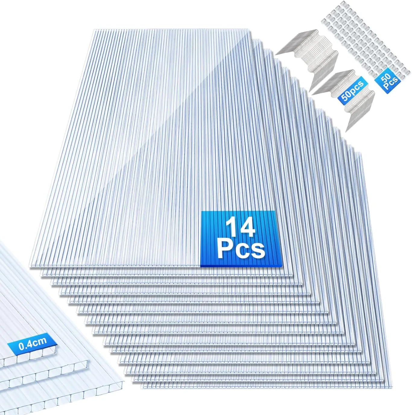 Gewächshausplatten 14 STK, mit 50 x W-Clips und 50 x Z-Clips, Zuschneidbarer,60,5x121 cm Polycarbonat Hohlkammerstegplatten 4mm klar,für Gewächshaus Gartenbau usw - Bild 1