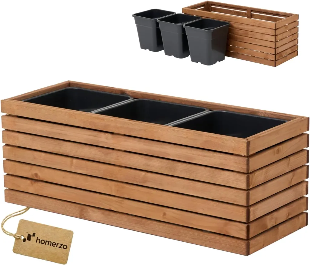 Pflanzkübel Holz – imprägniert wetterfest – mit herausnehmbarem Kunststoffeinsatz – Hochbeet Blumenkasten für Balkon Garten Terrasse (Horizontal-braun 98x36 H35 cm)