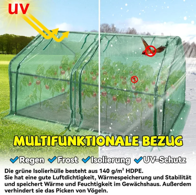 Froadp Gewächshaus Klein Tomatenhaus aus 140g/m² HDPE und Eisengerüst Mini Gewächshaus 180x90x90cm mit 2 Rolltoren für Gärten Balkone Terrassen Hinterhöfe (Grüne Isolierte Bezug) – Bild 5