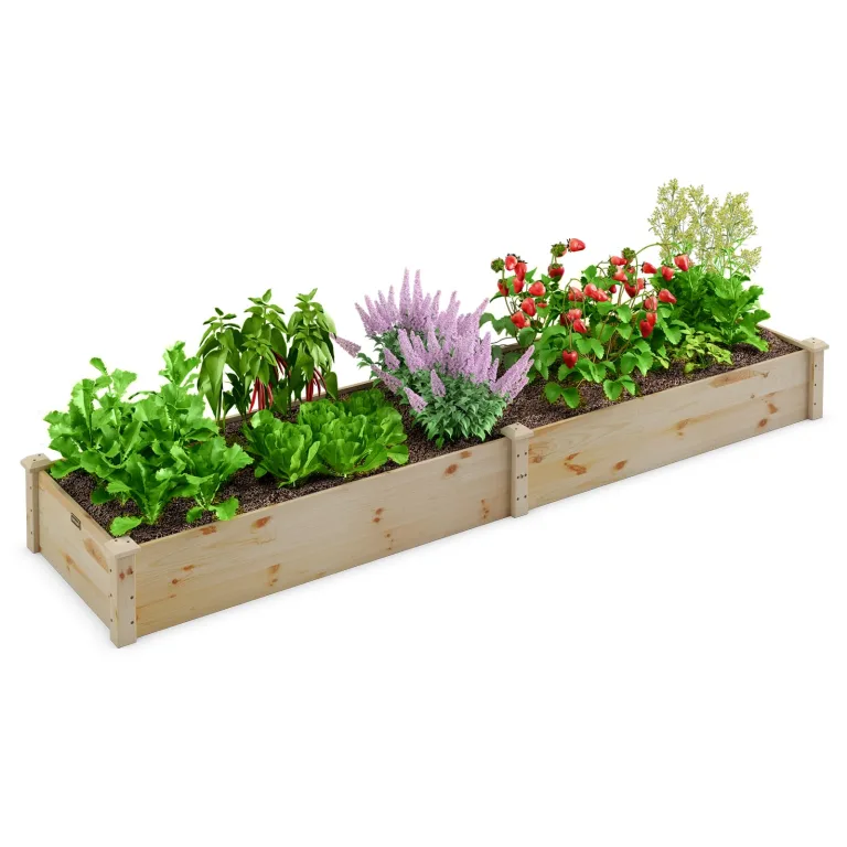 HOMASIS Hochbeet aus Holz, Pflanzkasten aus Tannenholz, Blumenkasten mit offnen Boden, Gartenbeet für Kräuter, Gemüse, Pflanzen, Pflanzenbeet für Garten, Balkon, Terrasse, 240 x 60 x 25 cm, Natur – Bild 1