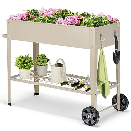 HOMASIS Hochbeet mit Ablage aus Netz & 2 Rollen, Blumenbeet aus Metall, erhöhtes Gartenbeet mit 2 Haken & Griff, Frühbeet Blumenkasten hoher Rollwagen für Garten Balkon Terrasse, 95 x 40 x 80cm, Beige – Bild 10