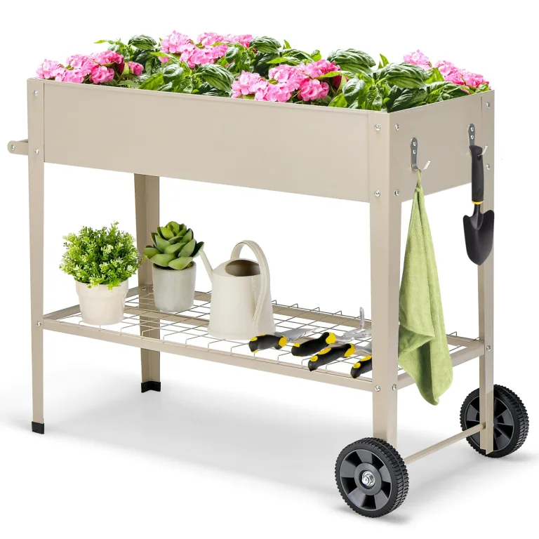 HOMASIS Hochbeet mit Ablage aus Netz & 2 Rollen, Blumenbeet aus Metall, erhöhtes Gartenbeet mit 2 Haken & Griff, Frühbeet Blumenkasten hoher Rollwagen für Garten Balkon Terrasse, 95 x 40 x 80cm, Beige – Bild 1