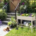 HOMASIS Hochbeet mit Ablage aus Netz & 2 Rollen, Blumenbeet aus Metall, erhöhtes Gartenbeet mit 2 Haken & Griff, Frühbeet Blumenkasten hoher Rollwagen für Garten Balkon Terrasse, 95 x 40 x 80cm, Beige - Thumbnail 2