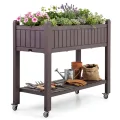 HOMASIS Hochbeet mit Ablage aus Netz & 2 Rollen, Blumenbeet aus Metall, erhöhtes Gartenbeet mit 2 Haken & Griff, Frühbeet Blumenkasten hoher Rollwagen für Garten Balkon Terrasse, 95 x 40 x 80cm, Beige - Thumbnail 9