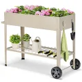 HOMASIS Hochbeet mit Ablage aus Netz & 2 Rollen, Blumenbeet aus Metall, erhöhtes Gartenbeet mit 2 Haken & Griff, Frühbeet Blumenkasten hoher Rollwagen für Garten Balkon Terrasse, 95 x 40 x 80cm, Beige - Thumbnail 10