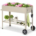 HOMASIS Hochbeet mit Ablage aus Netz & 2 Rollen, Blumenbeet aus Metall, erhöhtes Gartenbeet mit 2 Haken & Griff, Frühbeet Blumenkasten hoher Rollwagen für Garten Balkon Terrasse, 95 x 40 x 80cm, Beige - Thumbnail 1