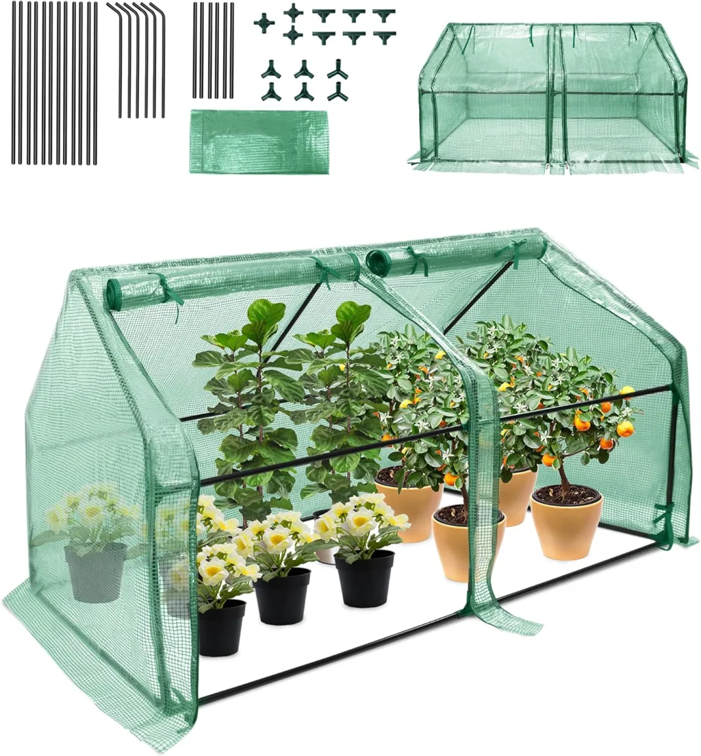 Gewächshaus Foliengewächshaus Tomatenhaus Frühbeet mit 2 aufrollbare Tür, Isoliertasche, Spitzdach, niedrig, UV-beständige für Garten Aufzucht Pflanzen - Grün, 180 x 90 x 90cm
