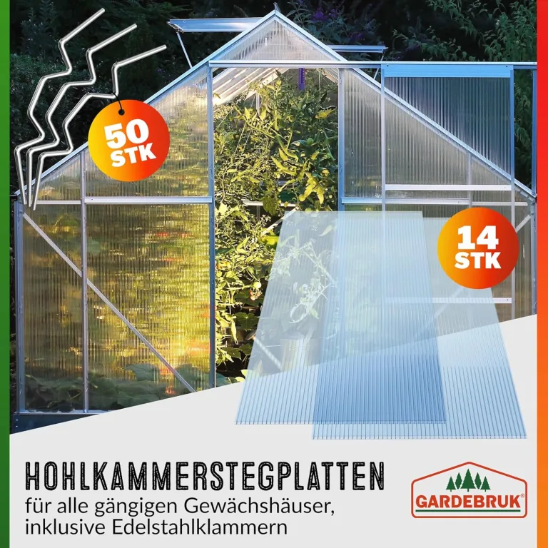 Gardebruk 14x Polycarbonat Hohlkammerstegplatten 4mm 50x Edelstahl Gewächshausklammern 10,25 m² Doppelstegplatte 1210x605 Stegplatte Gewächshausplatte – Bild 4