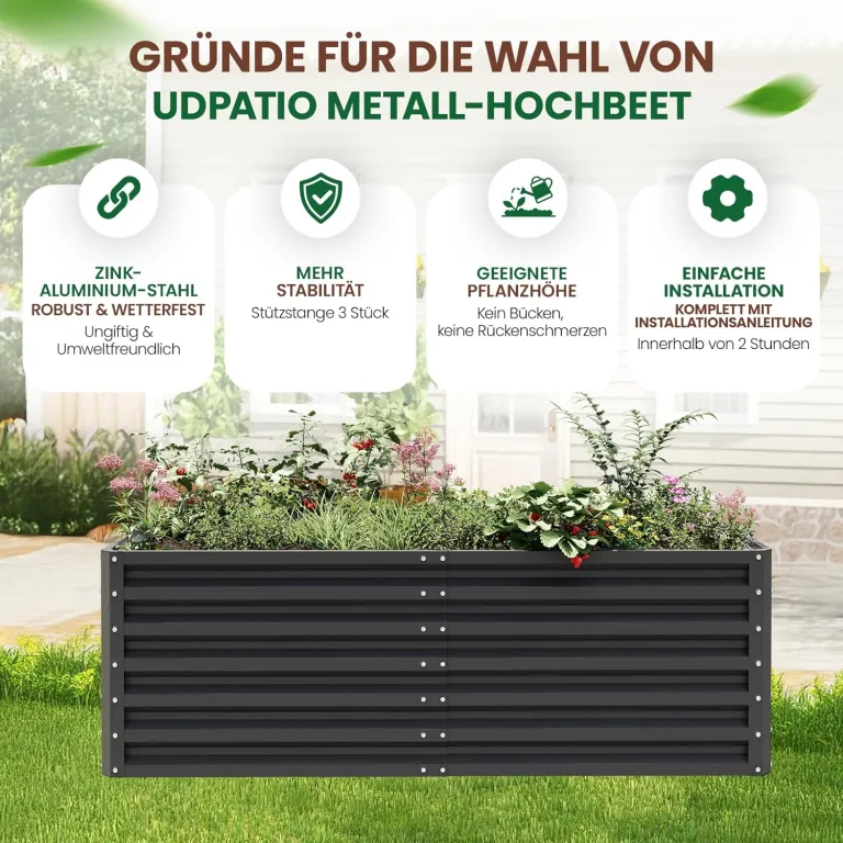 UDPATIO Hochbeet aus Metall,180x60x90 cm, Zink-Aluminium Freistehendes Hochbeete für Garten und Balkon, 970 L Pflanzkasten für Garten, zum Anbau von Gemüse, Blumen und Obst, Grauschwarz – Bild 7