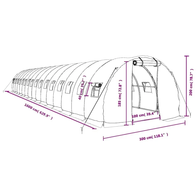 vidaXL Gewächshaus, Foliengewächshaus mit Stahlrahmen, Tomatengewächshaus mit Reißverschlusstür Fenstern, Treibhaus Folientunnel Frühbeet, Weiß 48m² 16x3x2m – Bild 3