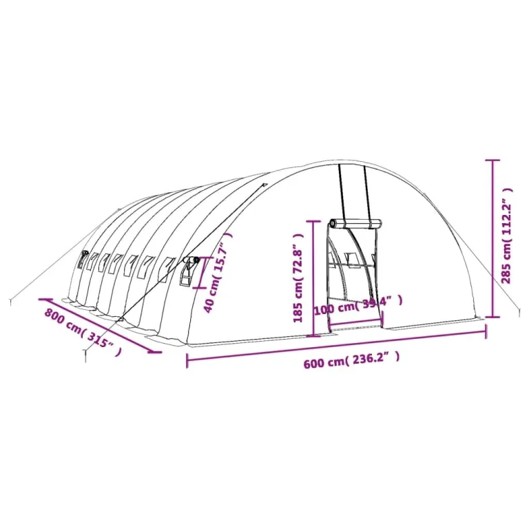 vidaXL Gewächshaus, Foliengewächshaus mit Stahlrahmen, Tomatengewächshaus mit Reißverschlusstür Fenstern, Treibhaus Folientunnel Frühbeet, Weiß 48m² 8x6x2,85m – Bild 3