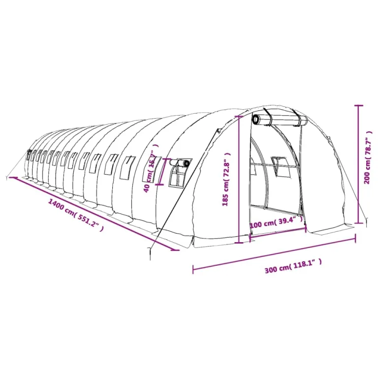 vidaXL Gewächshaus, Foliengewächshaus mit Stahlrahmen, Tomatengewächshaus mit Reißverschlusstür Fenstern, Treibhaus Folientunnel Frühbeet, Weiß 42m² 14x3x2m – Bild 3