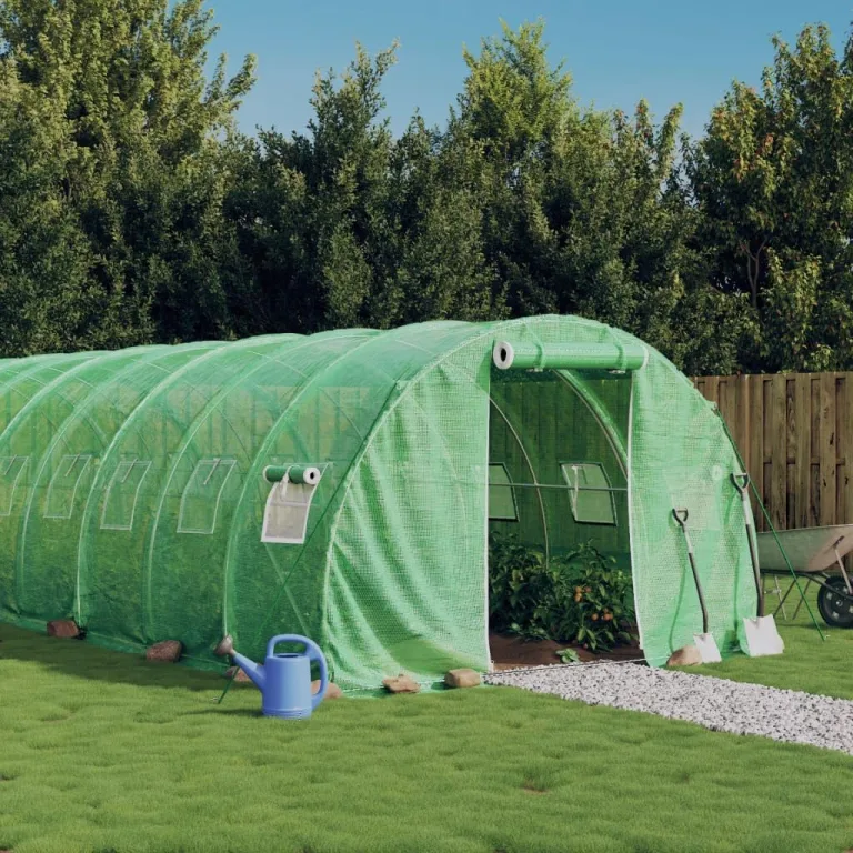 vidaXL Gewächshaus, Foliengewächshaus mit Stahlrahmen, Tomatengewächshaus mit Reißverschlusstür Fenstern, Treibhaus Folientunnel Frühbeet, Grün 42m² 14x3x2m – Bild 2