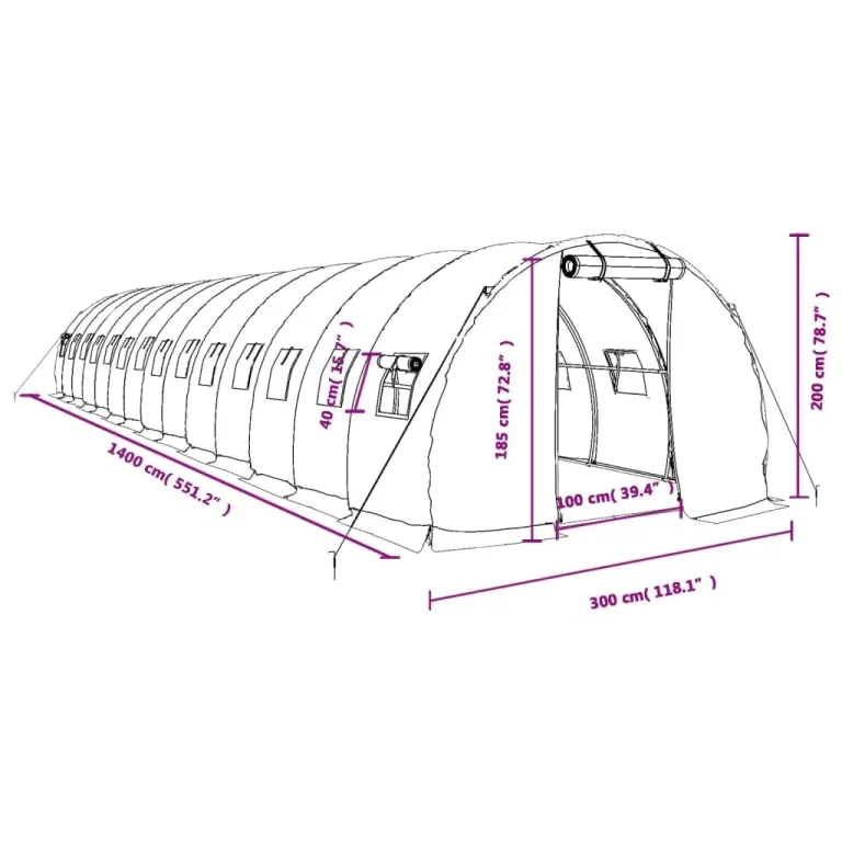vidaXL Gewächshaus, Foliengewächshaus mit Stahlrahmen, Tomatengewächshaus mit Reißverschlusstür Fenstern, Treibhaus Folientunnel Frühbeet, Grün 42m² 14x3x2m – Bild 3
