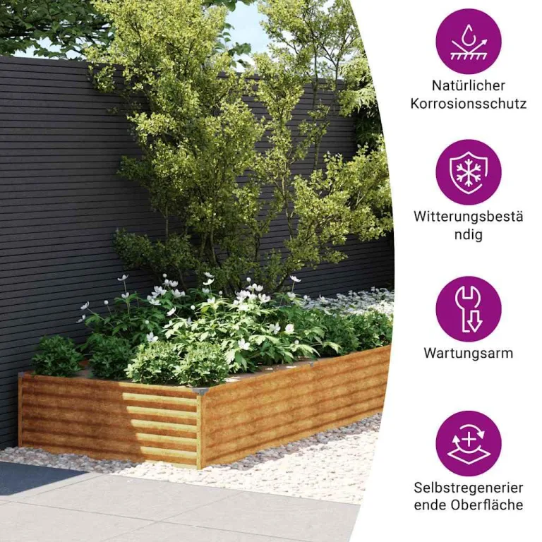vidaXL Hochbeet, Wetterfest Pflanzkasten mit viel Platz, Pflanzkübel Blumenkasten für Balkon Garten, Blumenkübel Gemüsebeet, 770x100x36 cm Cortenstahl – Bild 4
