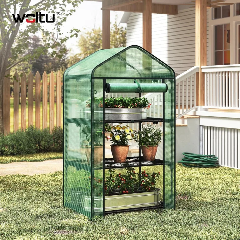 WOLTU Gewächshaus, Foliengewächshaus für Balkon Garten Terrasse, Tomatengewächshaus mit 3 Ablagen Tür, Winterfest stabil platzsparend, 69 x 125 x 49 cm, Grün – Bild 8