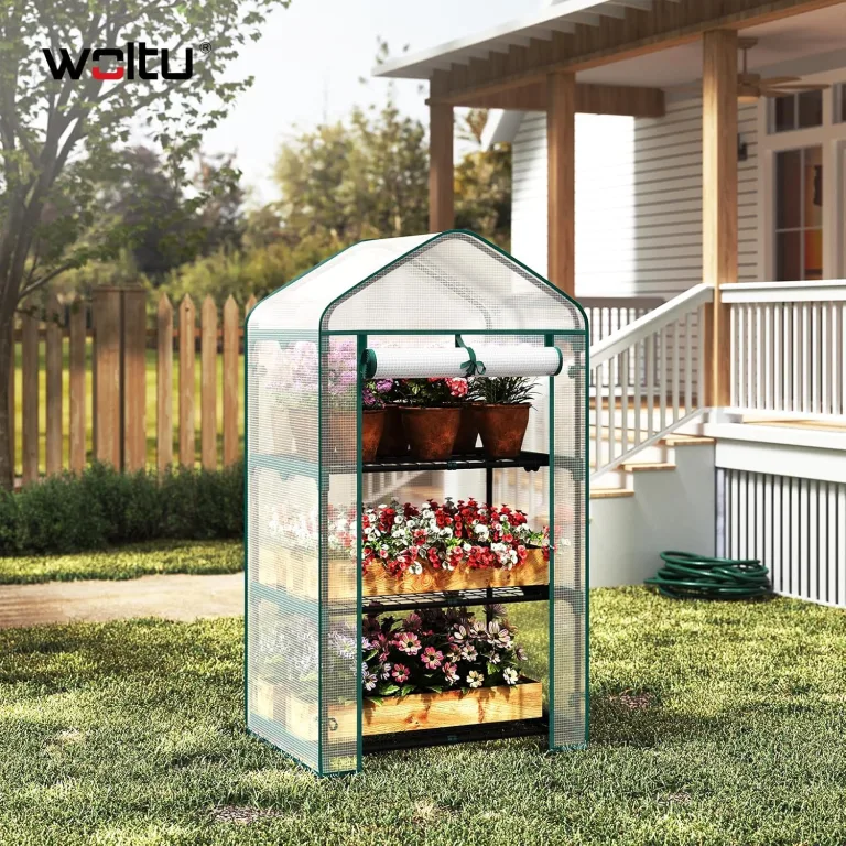 WOLTU Gewächshaus, Foliengewächshaus für Balkon Garten Terrasse, Tomatengewächshaus mit 3 Ablagen Tür, Winterfest stabil platzsparend, 69 x 125 x 49 cm, Weiß – Bild 7