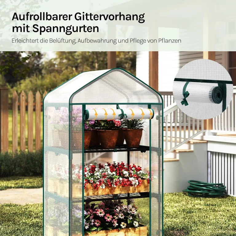 WOLTU Gewächshaus, Foliengewächshaus für Balkon Garten Terrasse, Tomatengewächshaus mit 3 Ablagen Tür, Winterfest stabil platzsparend, 69 x 125 x 49 cm, Weiß – Bild 4
