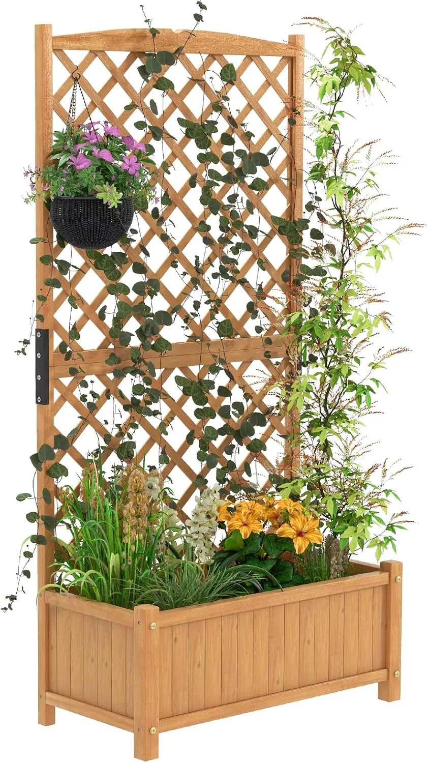 HOMASIS Pflanzkübel mit Rankgitter, Blumenkasten mit Spalier, Pflanzkasten Pflanzgefäß aus Holz, Hochbeet Rankkasten Gartenspalier für Balkon, Garten, Terrasse, 90 x 44,5 x 180,5 cm (Orange) - Bild 1