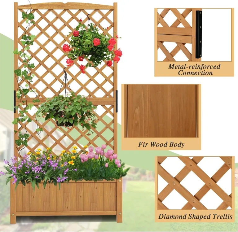 HOMASIS Pflanzkübel mit Rankgitter, Blumenkasten mit Spalier, Pflanzkasten Pflanzgefäß aus Holz, Hochbeet Rankkasten Gartenspalier für Balkon, Garten, Terrasse, 90 x 44,5 x 180,5 cm (Orange) – Bild 8
