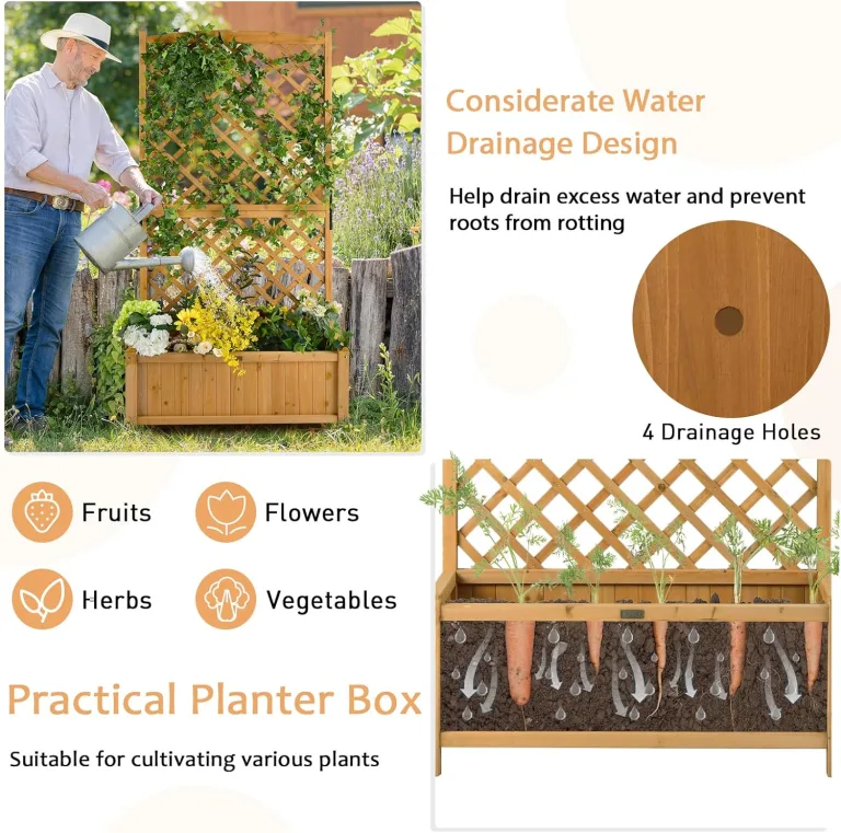 HOMASIS Pflanzkübel mit Rankgitter, Blumenkasten mit Spalier, Pflanzkasten Pflanzgefäß aus Holz, Hochbeet Rankkasten Gartenspalier für Balkon, Garten, Terrasse, 90 x 44,5 x 180,5 cm (Orange) – Bild 5