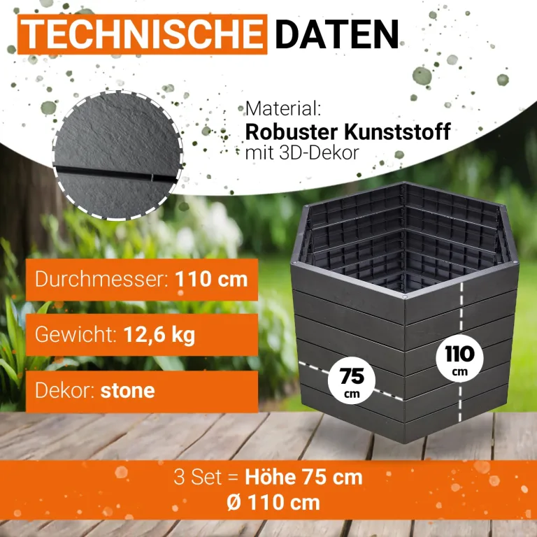 Garantia Ergo Hochbeet Stony L 75 - ergonomisches Hochbeet - Kunststoff sechseckig anthrazit - für Garten Gemüsebeet Kräuterbeet Pflanzenbeet - dekorative Steinoptik wetterfest modular steckbar – Bild 3