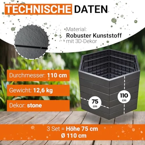 Garantia Ergo Hochbeet Stony L 75 - ergonomisches Hochbeet - Kunststoff sechseckig anthrazit - für Garten Gemüsebeet Kräuterbeet Pflanzenbeet - dekorative Steinoptik wetterfest modular steckbar – Bild 10