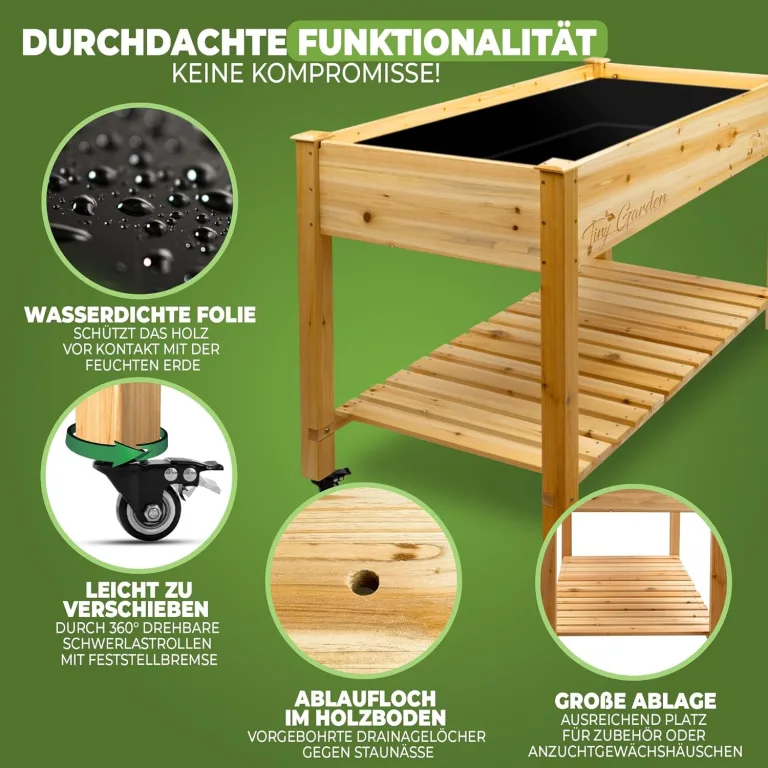 Premium Hochbeet aus Holz mit Rollen für Balkon 122x59x81,5cm perfektes Hochbeet für Kinder oder als Kräuterbeet für die Terrasse, Erdbeerbeet – Bild 4