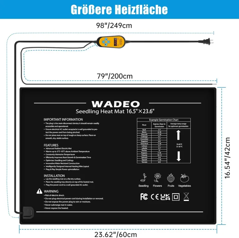 WADEO Heizmatte für Pflanzen 60 x 42 cm, Sämlinge Heizmatte Wärmematte mit Thermostat 5°C bis 45°C, Anzuchtmatte Gewächshaus Wärmematte für Setzlingskeimung, Sämling Germination, Terrarium – Bild 8