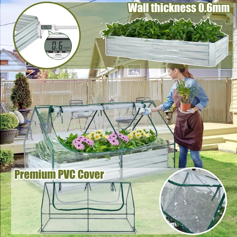 HOMASIS 2 in 1 Gewächshaus mit Hochbeet, Foliengewächshaus Winterschutz, Frühbeet aus Metall & PVC-Folie, Tomatenhaus mit 2 Fenstern, Blumenkasten für Garten Balkon (Silber+Grün, 180 × 90 × 91 cm) – Bild 4