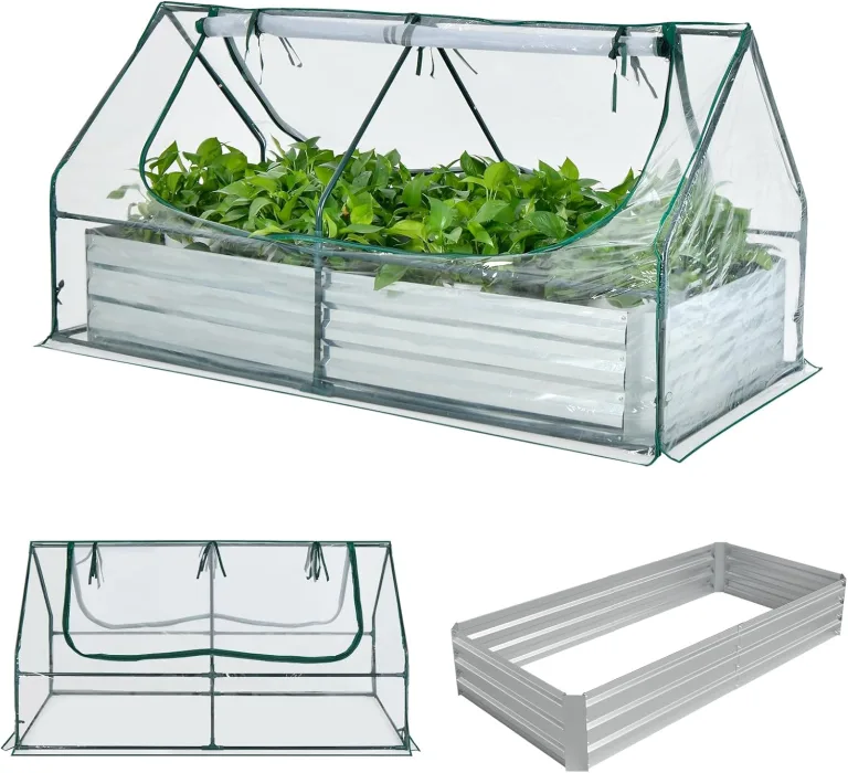 HOMASIS 2 in 1 Gewächshaus mit Hochbeet, Foliengewächshaus Winterschutz, Frühbeet aus Metall & PVC-Folie, Tomatenhaus mit 2 Fenstern, Blumenkasten für Garten Balkon (Silber+Grün, 180 × 90 × 91 cm) – Bild 1