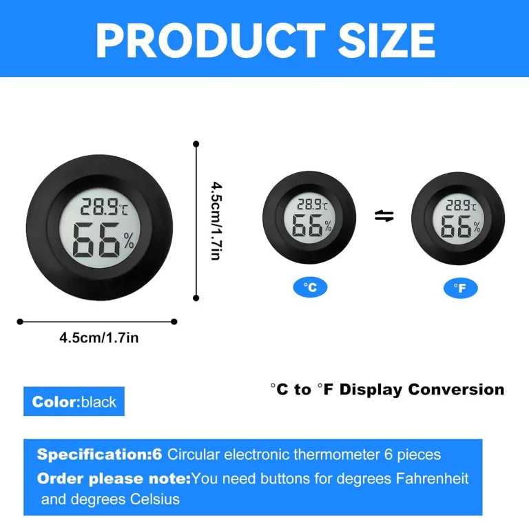Digital Hygrometer Thermometer für Innenräume: Nizirioo 6 Pack LCD Mini Luftfeuchtigkeitsmesser, ℃/℉ Raumthermometer Mini Hygrometer für Gewächshaus Keller Babyzimmer, Schwarz Rund – Bild 2