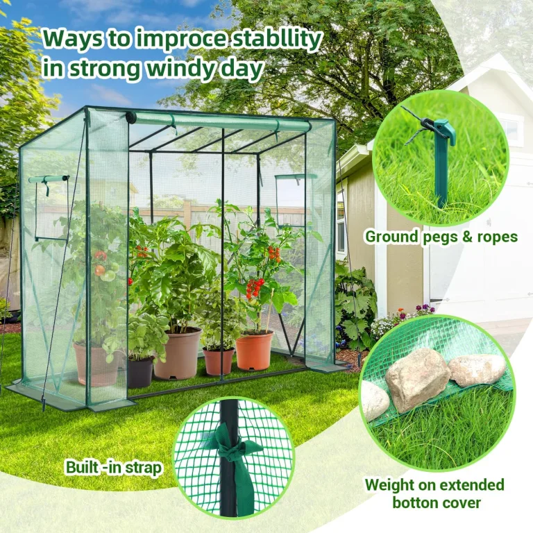 Ohuhu Gewächshaus Tomatengewächshaus Foliengewächshaus mit PE-Abdeckung und Fernster, Gewächshaus Klein Balkon Outdoor 200x77x170 cm Winterfest Tomatenhaus für Optimales Pflanzenwachstum Grün – Bild 4