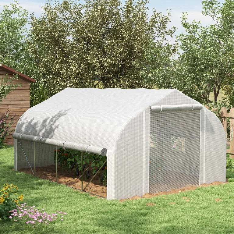 Outsunny Gewächshaus für den Garten, 4 x 3 m, Tunnel-Gewächshaus mit PE-Abdeckung und Rollwand, Tür und 8 Netzfenster, inklusive Etiketten und Handschuhen, weiß – Bild 2