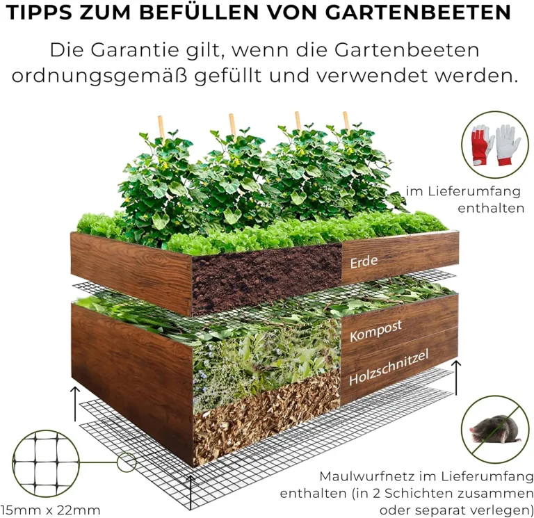 Hochbeet für Garten 200x100x63 cm Metall, Holzoptik - Hochbeet-Kit aus Premium-Polymerbeschichtetem Stahl, Rechteckig, Langlebiges Gartenbeet für Kräuter und Gemüse mit Maulwurfnetz – Bild 3