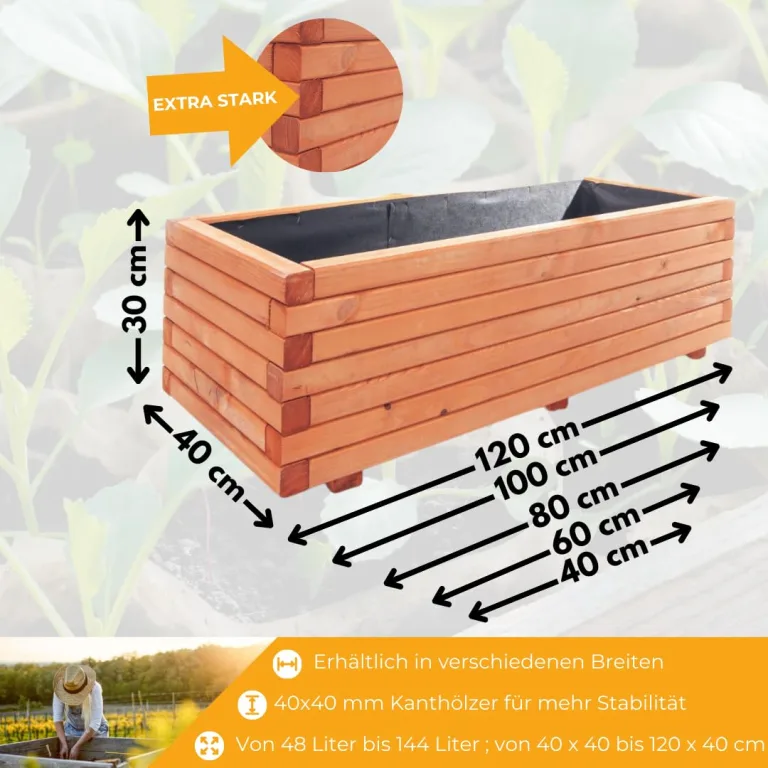Mega Holz Pflanzkübel Pinie Lasiert 100x40 cm - Massiv & wetterfest - Fertig montierter Blumenkübel aus Kiefernholz - Rustikaler Blumentopf für Garten, Balkon & Terrasse, witterungsbeständig & robust – Bild 4