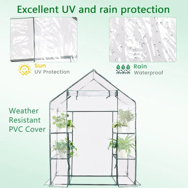 HOMASIS Gewächshaus mit 6 Ablageflächen, transparentes Foliengewächshaus aus PVC, Treibhaus mit Rolltor, Pflanzenhaus mit Metallrahmen, Blumenhaus für Winter, 143 x 73 x 195 cm, Weiß – Bild 5