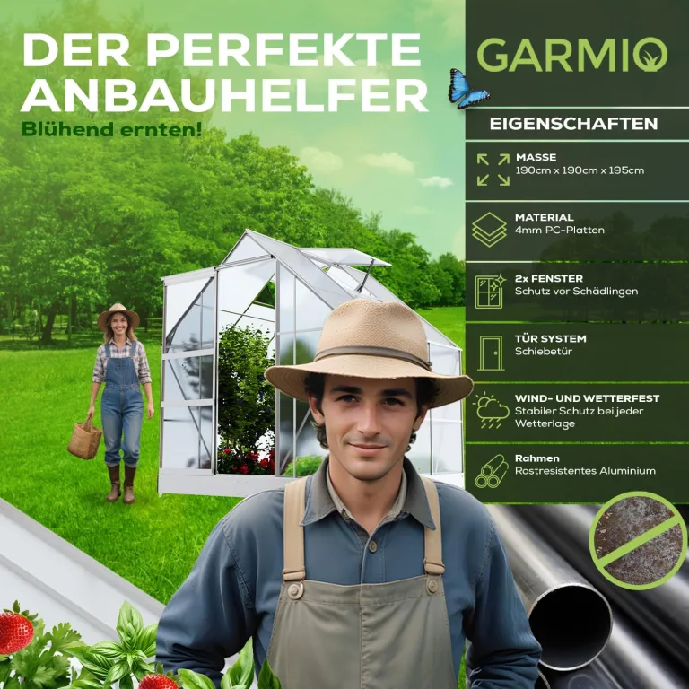 Gewächshaus Cuneo 190x190cm für den Garten, Alu Frühbeet inklusive Fundament, 2 Dachfenster Treibhaus Aufzucht Pflanzenhaus Tomatenhaus 3,7m² UV-Schutz – Bild 4