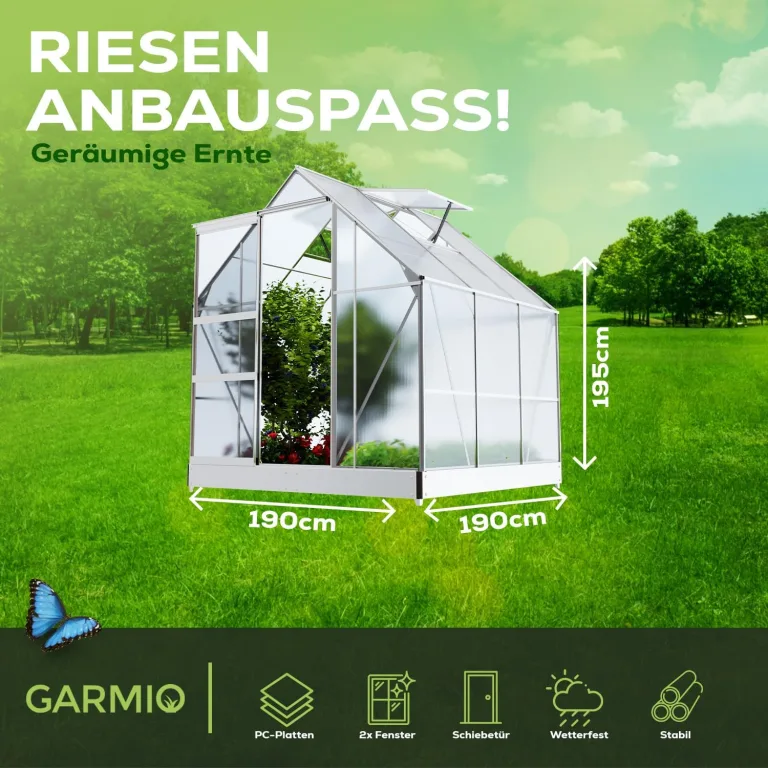 Gewächshaus Cuneo 190x190cm für den Garten, Alu Frühbeet inklusive Fundament, 2 Dachfenster Treibhaus Aufzucht Pflanzenhaus Tomatenhaus 3,7m² UV-Schutz – Bild 6