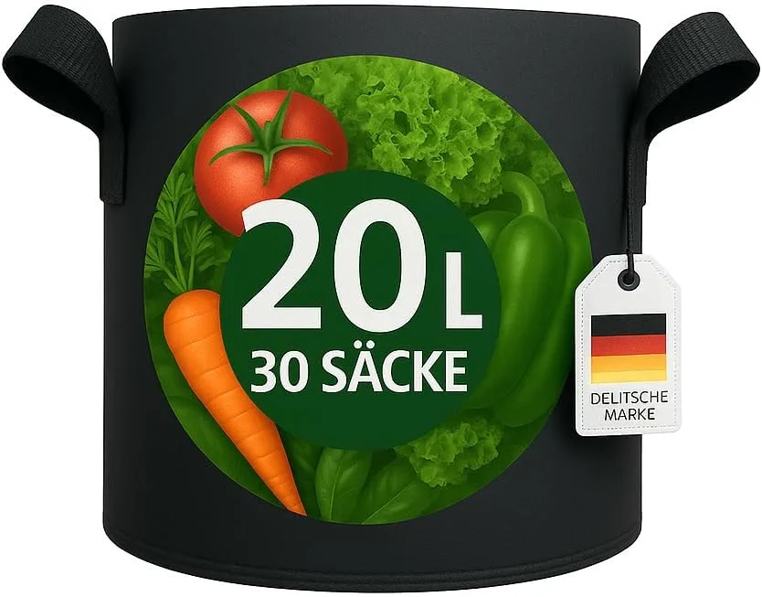 König Design 30x 20L Pflanzsack aus Vlies Stoff - 30er Set 20L Pflanztaschen aus 300 g/m² Filz & Vliesstoff - Pflanzgefäß Pflanzbeutel für Balkon Terrasse Gewächshaus & Garten