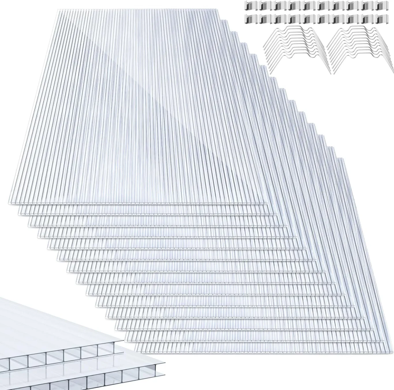 14x Polycarbonat Hohlkammerstegplatten 4mm, 10,25 m² Polycarbonatplatten ,50x Klammern, 50x Z-Clips, 60.5 x 121cm Doppelstegplatte, Stegplatte Gewächshausplatte UV-beständigen für Gewächshaus - Bild 1