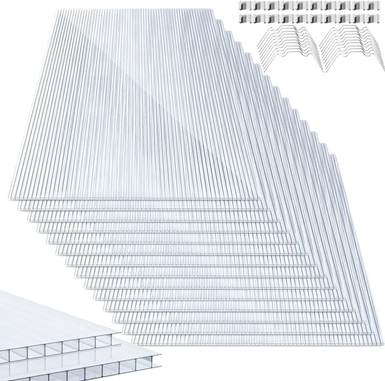 14x Polycarbonat Hohlkammerstegplatten 4mm, 10,25 m² Polycarbonatplatten ,50x Klammern, 50x Z-Clips, 60.5 x 121cm Doppelstegplatte, Stegplatte Gewächshausplatte UV-beständigen für Gewächshaus – Bild 1