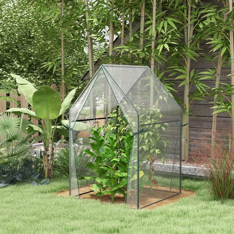 Outsunny Foliengewächshaus, Gewächshaus, Treibhaus mit Doppeltür, Winddichtes Tomatenhaus, Pflanzenhaus für Garten, PE, Transparent, 90 x 90 x 145 cm – Bild 4