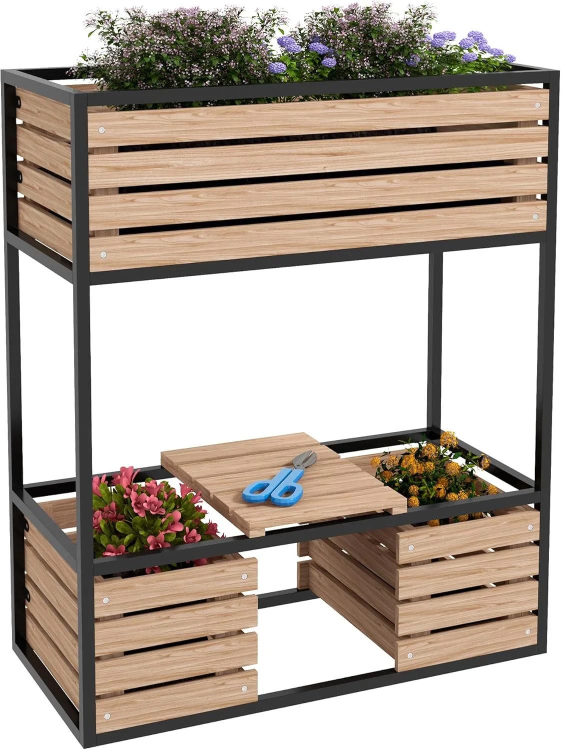 Outsunny Hochbeet aus Holz, 2-Stufiger Blumenkasten mit Ablage, Erhöhtes Gemüsebeet mit Innenvlies, Kräuterbeet für Garten, Balkon, Hellbraun, 83 x 39 x 100 cm - Bild 1