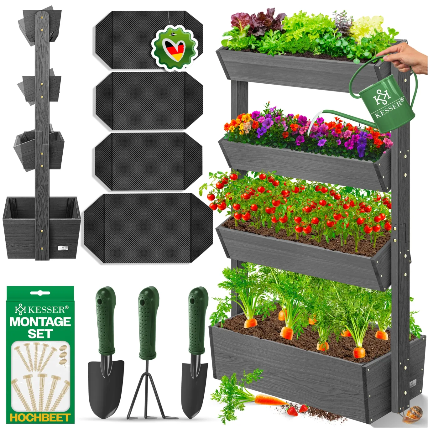 KESSER® Hochbeet mit 4 Etagen Premium Blumenkasten Blumentreppe Pflanztreppe Gemüsebeet Kräuterbeet Pflanzkübel Frühbeet Blumenbeet Pflanzkasten mit Gartenvlies - Beet inkl. Schaufelset, Anthrazit - Bild 1