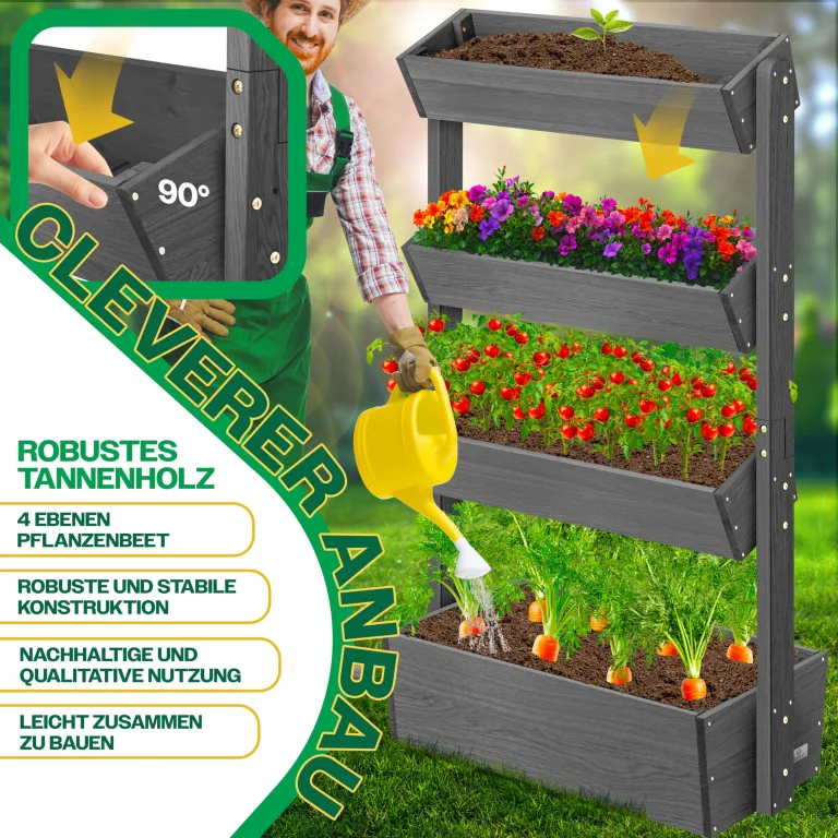 KESSER® Hochbeet mit 4 Etagen Premium Blumenkasten Blumentreppe Pflanztreppe Gemüsebeet Kräuterbeet Pflanzkübel Frühbeet Blumenbeet Pflanzkasten mit Gartenvlies - Beet inkl. Schaufelset, Anthrazit – Bild 6