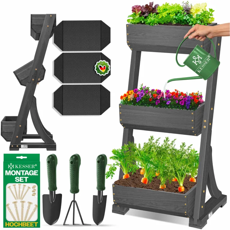 KESSER® Hochbeet mit 4 Etagen Premium Blumenkasten Blumentreppe Pflanztreppe Gemüsebeet Kräuterbeet Pflanzkübel Frühbeet Blumenbeet Pflanzkasten mit Gartenvlies - Beet inkl. Schaufelset, Anthrazit – Bild 10