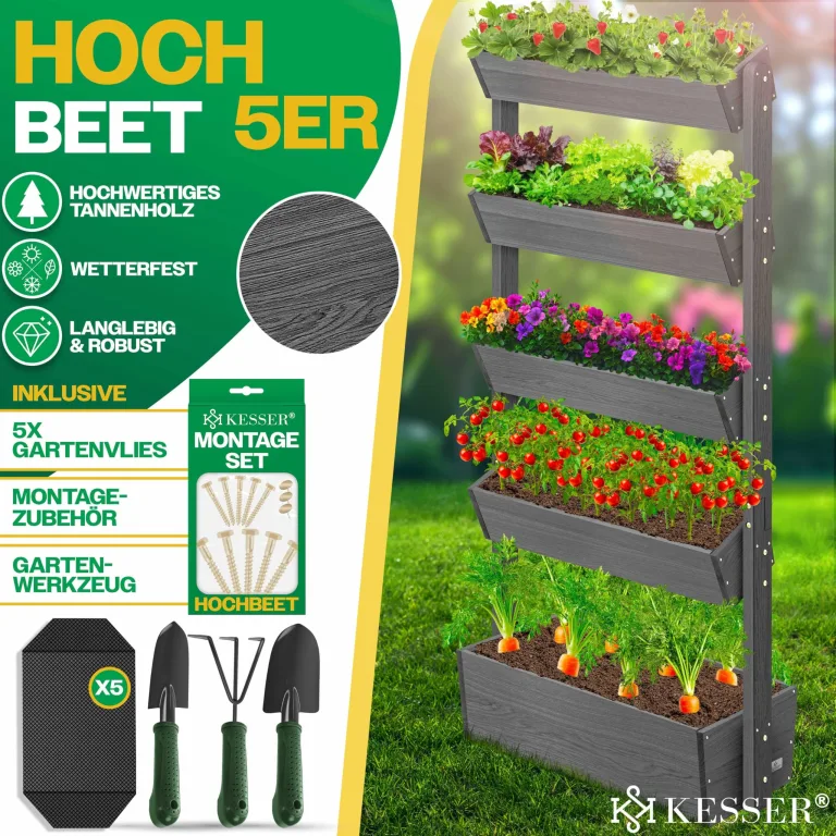 KESSER® Hochbeet mit 5 Etagen Premium Blumenkasten Blumentreppe Pflanztreppe Gemüsebeet Kräuterbeet Pflanzkübel Frühbeet Blumenbeet Pflanzkasten mit Gartenvlies - Beet inkl. Schaufelset, Anthrazit – Bild 2