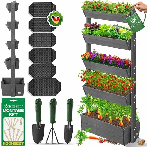 KESSER® Hochbeet mit 5 Etagen Premium Blumenkasten Blumentreppe Pflanztreppe Gemüsebeet Kräuterbeet Pflanzkübel Frühbeet Blumenbeet Pflanzkasten mit Gartenvlies - Beet inkl. Schaufelset, Anthrazit – Bild 9